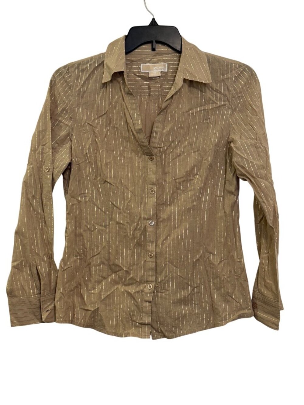 Michael Michael Kors Womens Gold Metallic Striped Button-Up Shirt Size 10
